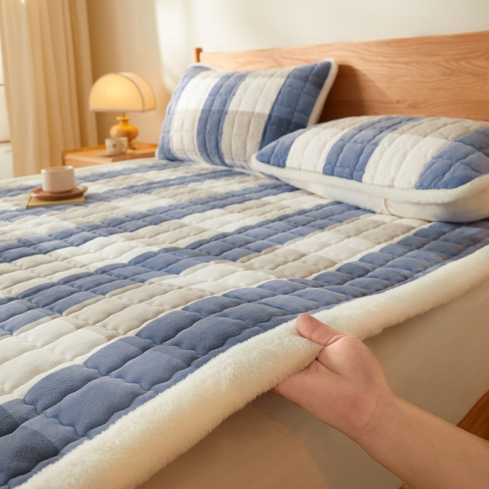 91家纺网 家纺一手货源 找家纺 鑫钰 2024秋冬新款加厚牛奶绒床垫床褥床护垫 暖格-蓝大格