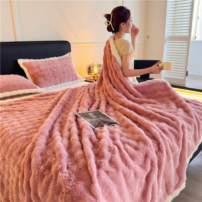 91家纺网 家纺一手货源 找家纺 喜居 2024新款大泡泡双面兔毛毛毯 科伦娜兔毛绒-豆沙