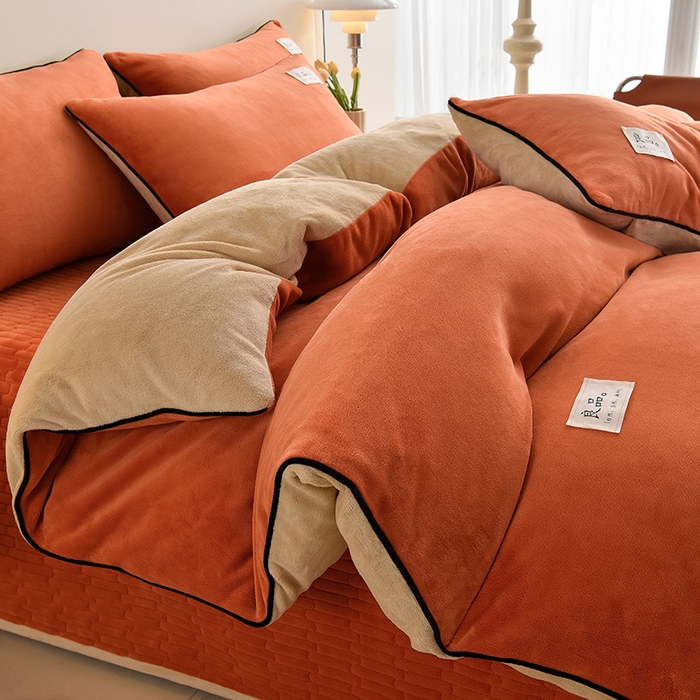 91家纺网 家纺一手货源 找家纺 大麦家纺 2024新款高克重牛奶绒夹棉床盖四件套 暖橙+奶咖