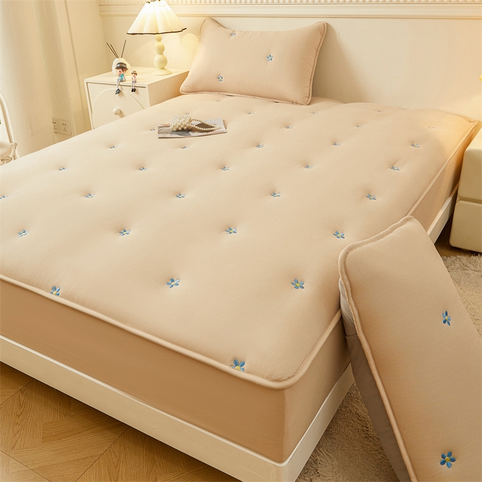 91家纺网 家纺一手货源 找家纺 2025新款A类水洗棉大豆刺绣床笠 向阳花-经典驼