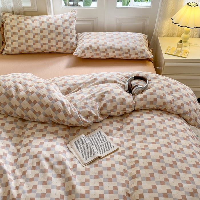 91家纺网 家纺一手货源 找家纺 2024秋冬新款系带格子双层纱四件套 格调  咖