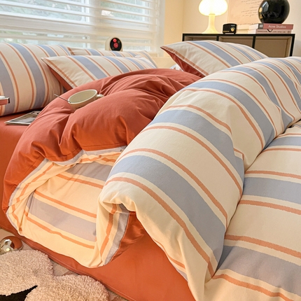 吉象家纺 2024新款全棉磨毛印花四件套 幻珊蓝条