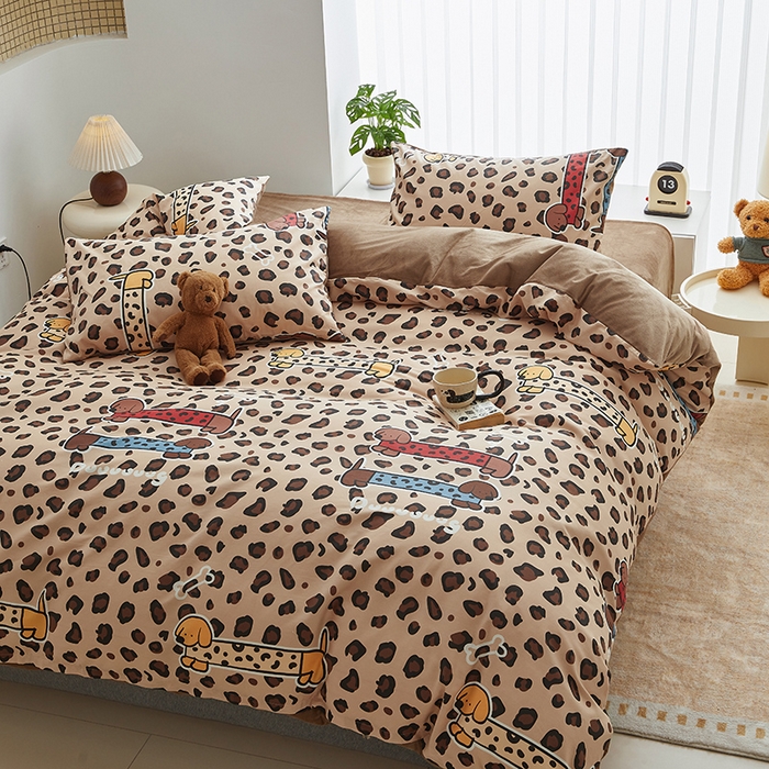 91家纺网 家纺一手货源 找家纺 怡家居 2024秋冬新品AB版加厚保暖全棉加绒四件套 豹纹狗