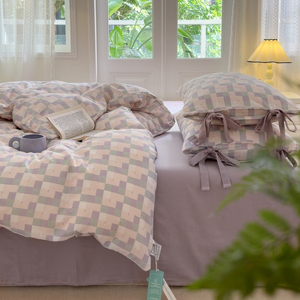 2024秋冬新款系带格子双层纱四件套 格调 紫