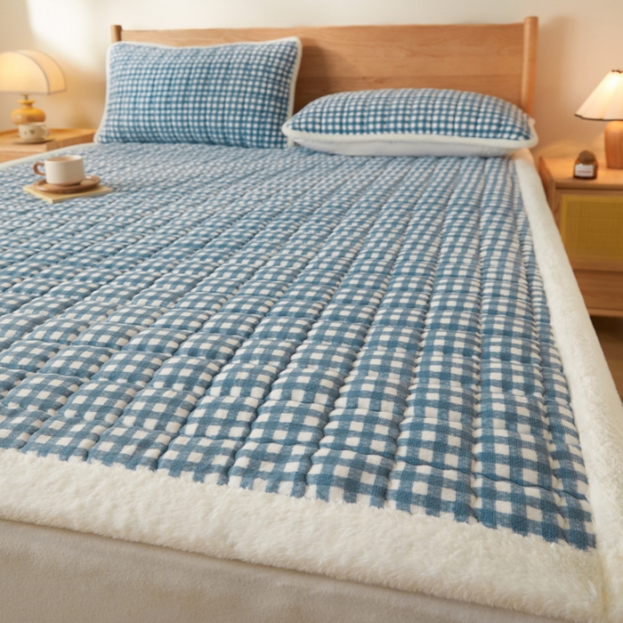 91家纺网 家纺一手货源 找家纺 鑫钰 2024秋冬新款加厚牛奶绒床垫床褥床护垫 暖格-蓝小格