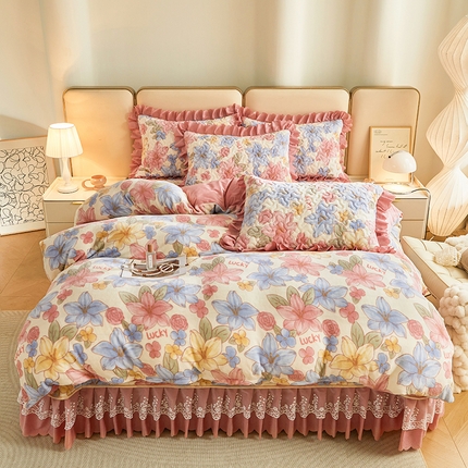 艾裙海 2025新款高克重加厚保暖A类牛奶绒夹棉床盖系列四件套 花开物语