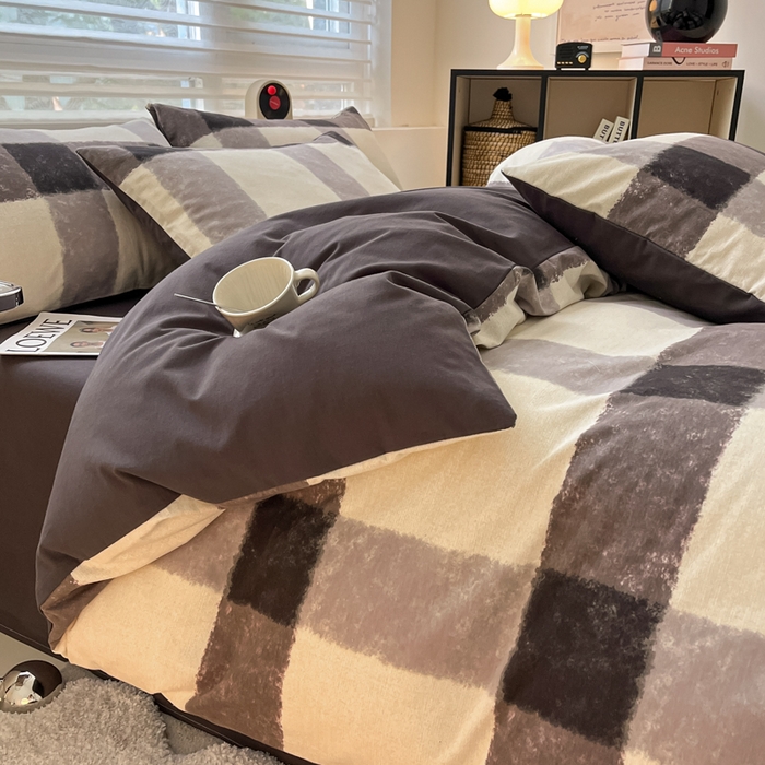 91家纺网 家纺一手货源 找家纺 吉象家纺 2024新款全棉磨毛印花四件套 灰大格