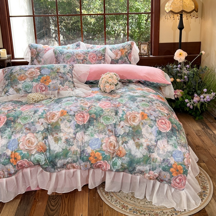 91家纺网 家纺一手货源 找家纺 易辰美 2024新款数码大版印花鹿锦棉牛奶绒花边四件套 四季花园