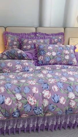 91家纺网 家纺一手货源 找家纺 艾裙海 2025新款高克重加厚保暖A类牛奶绒夹棉床盖系列四件套 紫韵