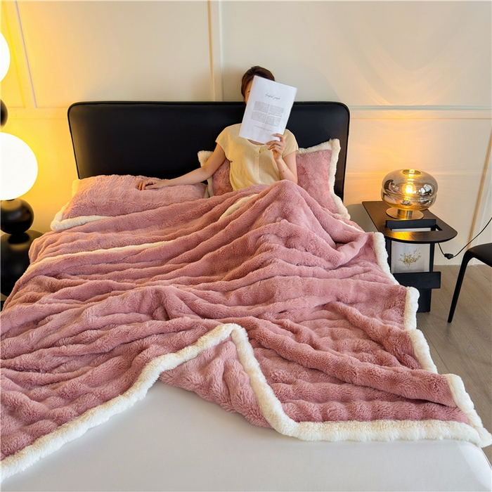 91家纺网 家纺一手货源 找家纺 喜居 2024新款大泡泡双面兔毛毛毯 科伦娜兔毛绒-豆沙