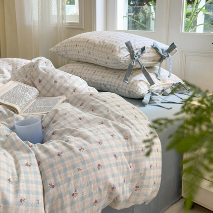 2024秋冬新款系带格子双层纱四件套 蓝格花