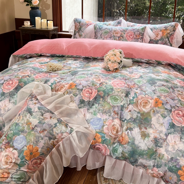 91家纺网 家纺一手货源 找家纺 易辰美 2024新款数码大版印花鹿锦棉牛奶绒花边四件套 四季花园