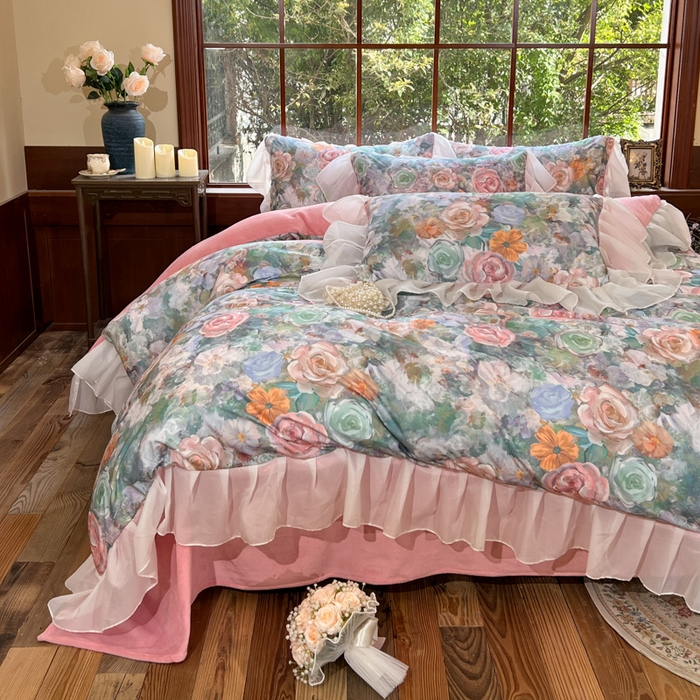 91家纺网 家纺一手货源 找家纺 易辰美 2024新款数码大版印花鹿锦棉牛奶绒花边四件套 四季花园