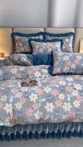 91家纺网 家纺一手货源 找家纺 艾裙海 2025新款高克重加厚保暖A类牛奶绒夹棉床盖系列四件套 美丽花园