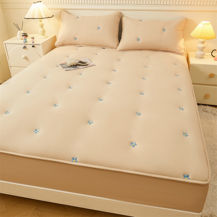 91家纺网 家纺一手货源 找家纺 2025新款A类水洗棉大豆刺绣床笠 向阳花-经典驼