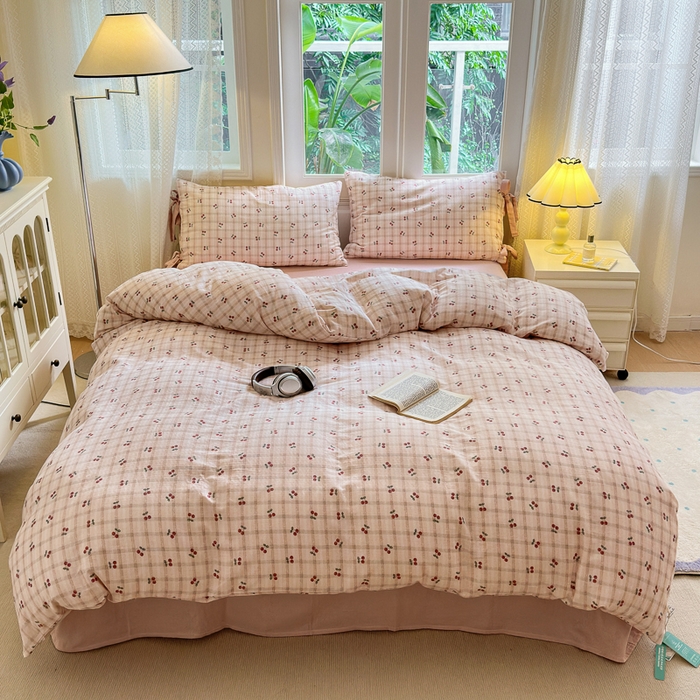 91家纺网 家纺一手货源 找家纺 （总）2024秋冬新款系带格子双层纱四件套