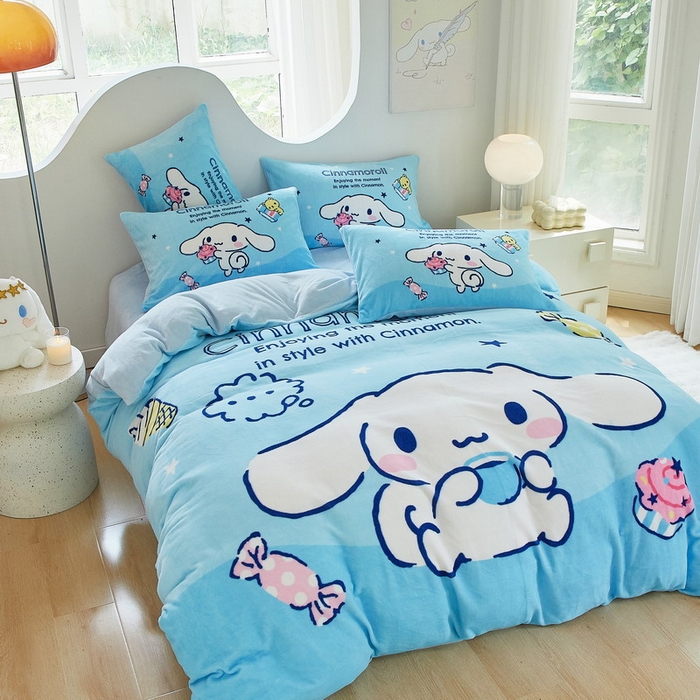 91家纺网 家纺一手货源 找家纺 蘭菲家纺 2024新款牛奶绒卡通三丽鸥四件套 小吃货