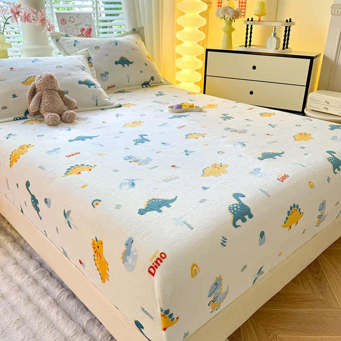 91家纺网 家纺一手货源 找家纺 妖妖家纺 2024新款200克牛奶绒单床笠 恐龙时代