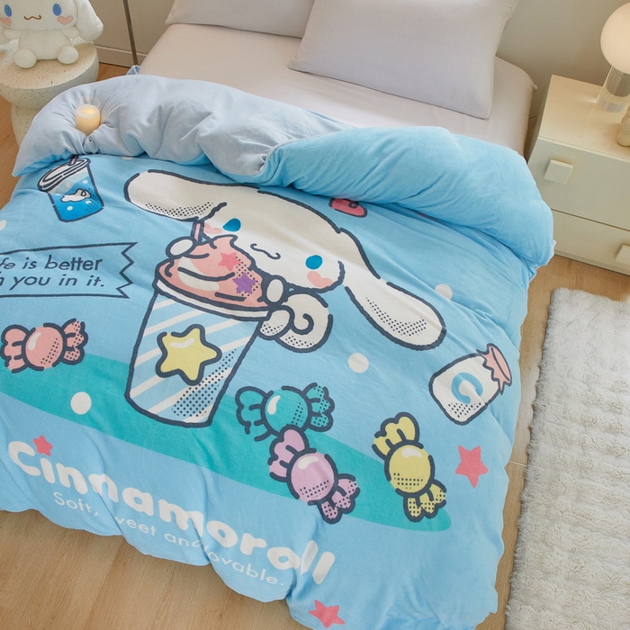 91家纺网 家纺一手货源 找家纺 蘭菲家纺 2024新款牛奶绒卡通三丽鸥单品被套 奶茶