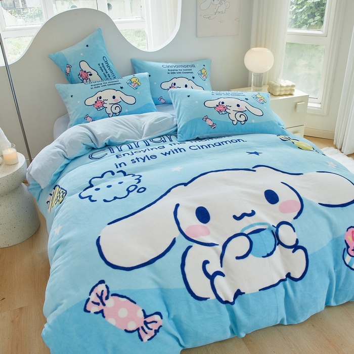 91家纺网 家纺一手货源 找家纺 蘭菲家纺 2024新款牛奶绒卡通三丽鸥四件套 小吃货