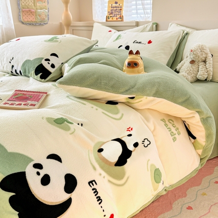 沐辰 2024新款高克重牛奶绒印花四件套 青青熊猫