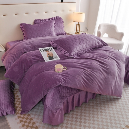 雅眠居 直播爆款纯色宝宝绒床盖款四件套花边夹棉床裙款三件套 宝宝绒-紫色