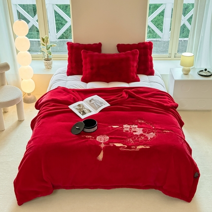 悦织湾家纺 2025新款轻奢仿兔毛绒仿裘皮仿皮草绣花毛毯 喜结良缘