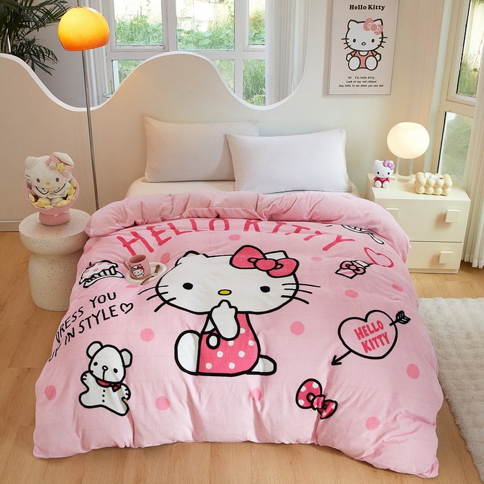 91家纺网 家纺一手货源 找家纺 蘭菲家纺 2024新款牛奶绒卡通三丽鸥单品被套 甜小咪