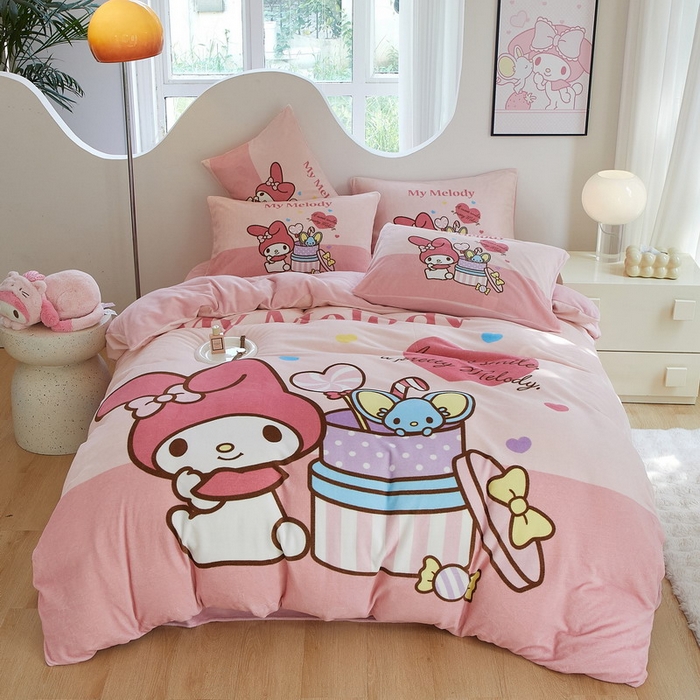 91家纺网 家纺一手货源 找家纺 蘭菲家纺 2024新款牛奶绒卡通三丽鸥四件套 收礼物