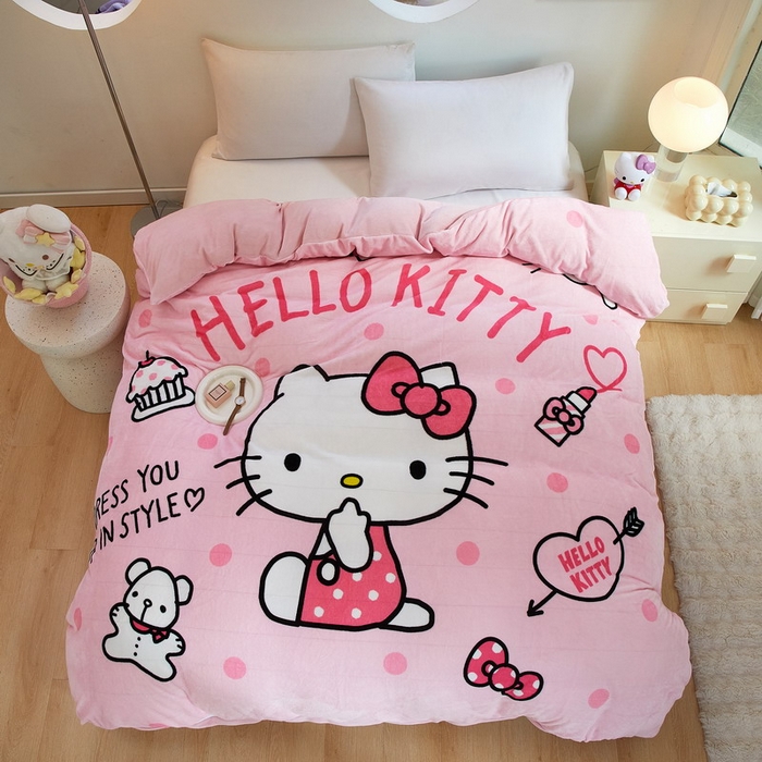 91家纺网 家纺一手货源 找家纺 蘭菲家纺 2024新款牛奶绒卡通三丽鸥单品被套 甜小咪