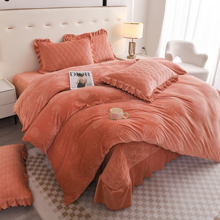 雅眠居 直播爆款纯色宝宝绒床盖款四件套花边夹棉床裙款三件套 宝宝绒-卡其