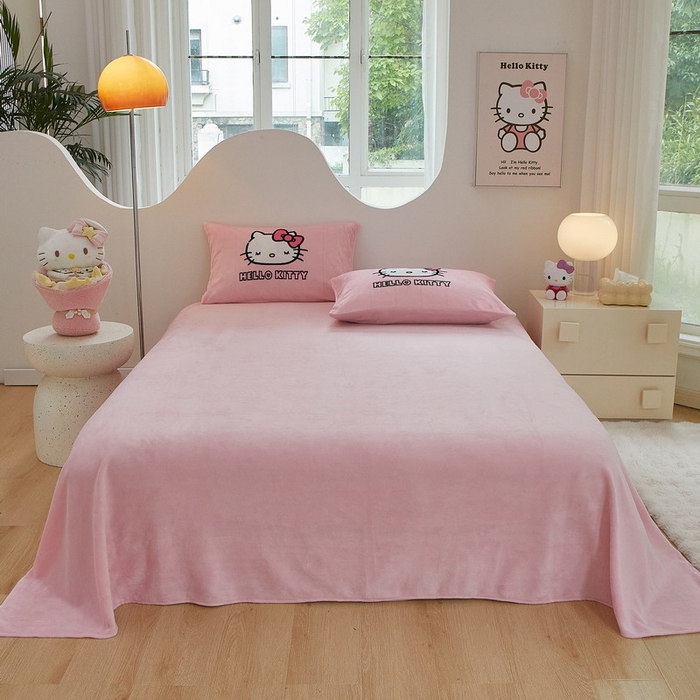 91家纺网 家纺一手货源 找家纺 蘭菲家纺 2024新款牛奶绒卡通三丽鸥四件套 粉系