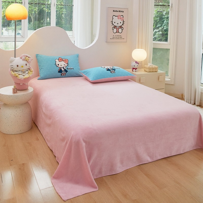 91家纺网 家纺一手货源 找家纺 蘭菲家纺 2024新款牛奶绒卡通三丽鸥四件套 摩卡蓝