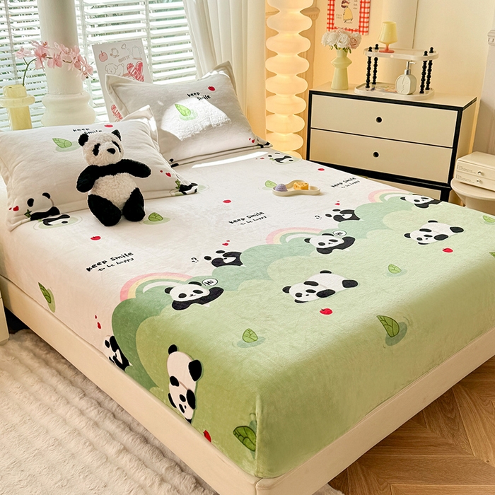 91家纺网 家纺一手货源 找家纺 妖妖家纺 2024新款200克牛奶绒单床笠 彩虹大熊猫