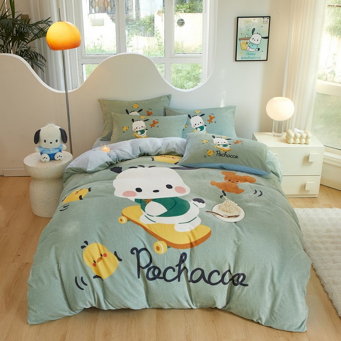 91家纺网 家纺一手货源 找家纺 蘭菲家纺 2024新款牛奶绒卡通三丽鸥四件套 滑板恰恰