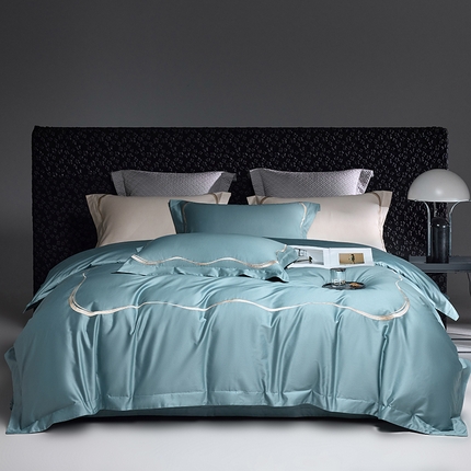 91家纺网 家纺一手货源 找家纺 淼铭家纺 2025新款秋冬长绒棉刺绣款四件套-简凡 简凡-轻奢蓝