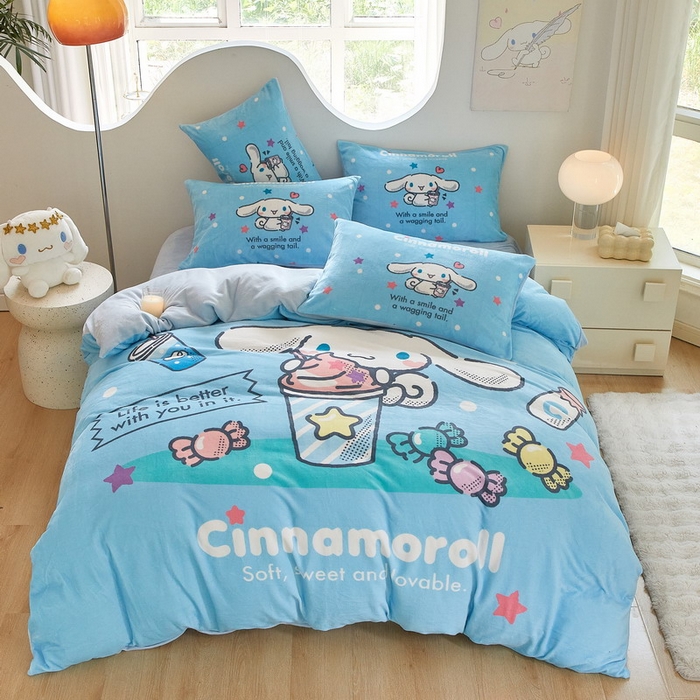 91家纺网 家纺一手货源 找家纺 蘭菲家纺 2024新款牛奶绒卡通三丽鸥四件套 奶茶