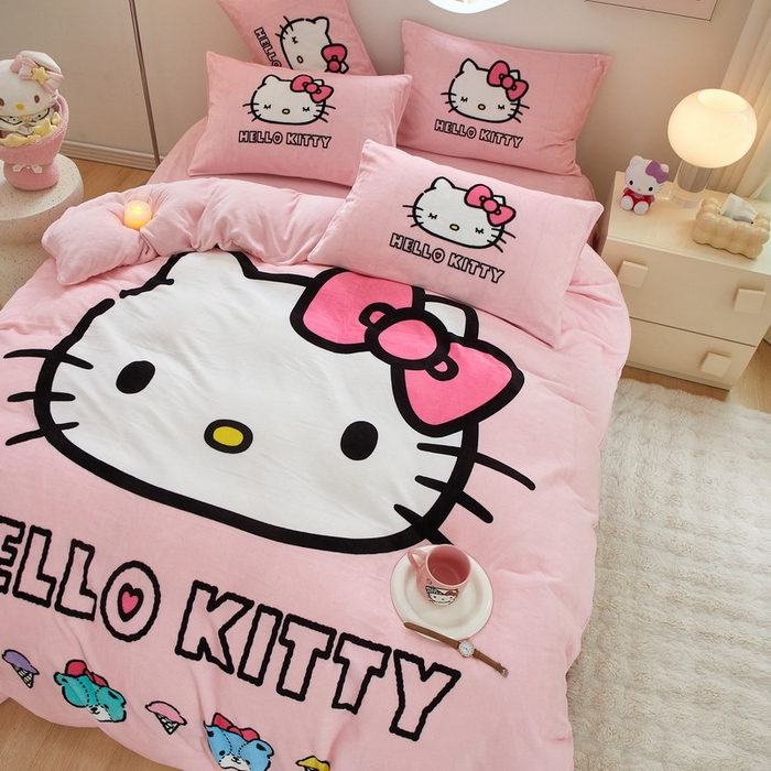 91家纺网 家纺一手货源 找家纺 蘭菲家纺 2024新款牛奶绒卡通三丽鸥四件套 粉系