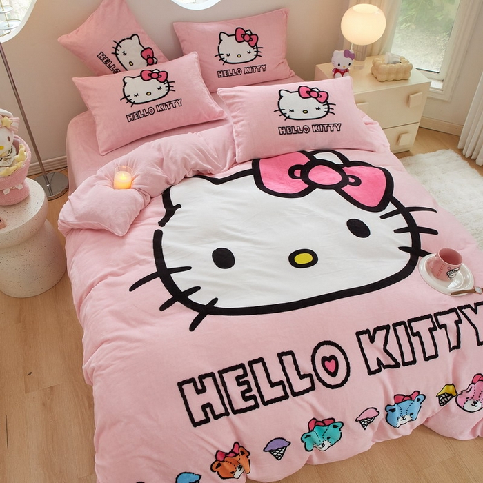 91家纺网 家纺一手货源 找家纺 蘭菲家纺 2024新款牛奶绒卡通三丽鸥四件套 粉系