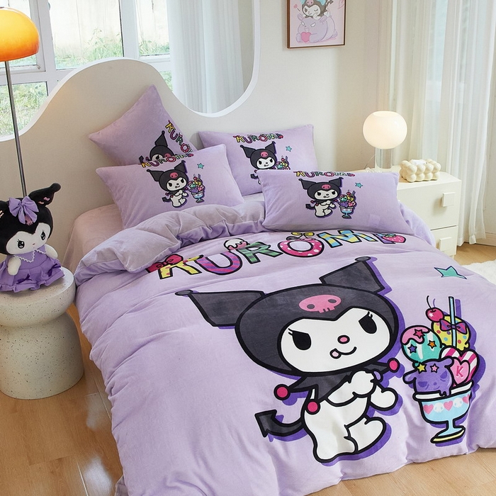 91家纺网 家纺一手货源 找家纺 蘭菲家纺 2024新款牛奶绒卡通三丽鸥四件套 果茶