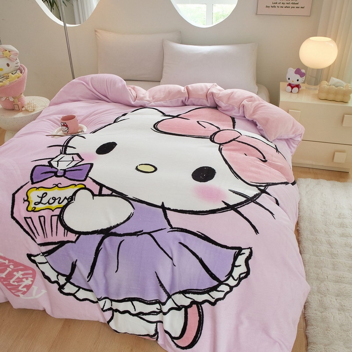 91家纺网 家纺一手货源 找家纺 蘭菲家纺 2024新款牛奶绒卡通三丽鸥单品被套 咪咪