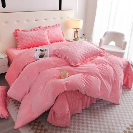 雅眠居 直播爆款纯色宝宝绒床盖款四件套花边夹棉床裙款三件套 宝宝绒-粉色