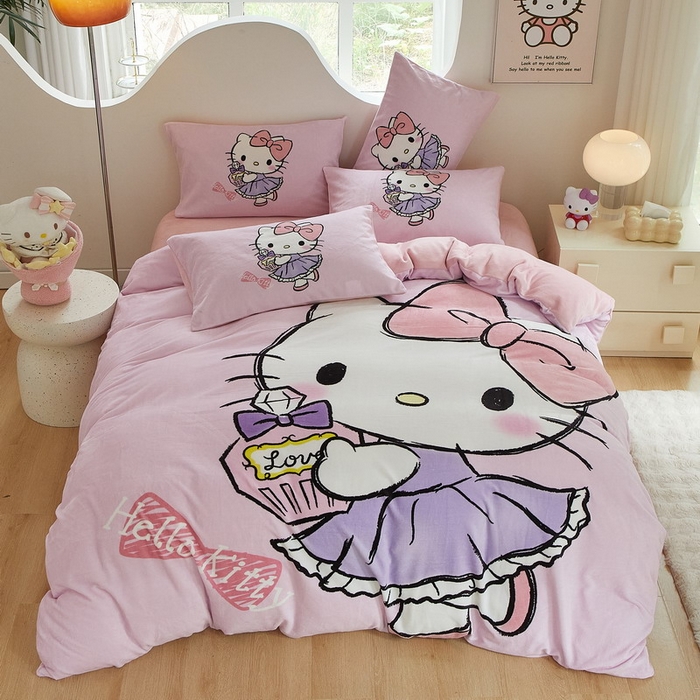 91家纺网 家纺一手货源 找家纺 蘭菲家纺 2024新款牛奶绒卡通三丽鸥四件套 咪咪