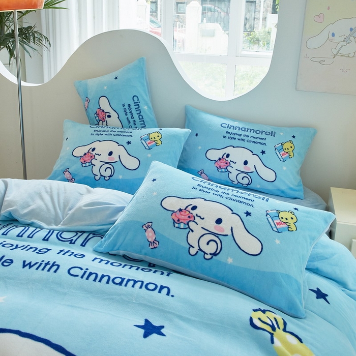 91家纺网 家纺一手货源 找家纺 蘭菲家纺 2024新款牛奶绒卡通三丽鸥四件套 小吃货