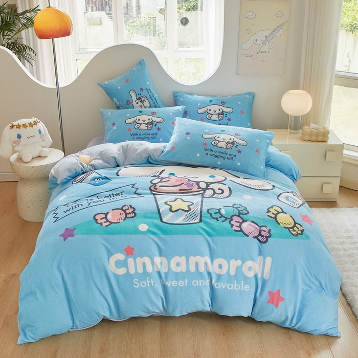 91家纺网 家纺一手货源 找家纺 蘭菲家纺 2024新款牛奶绒卡通三丽鸥四件套 奶茶