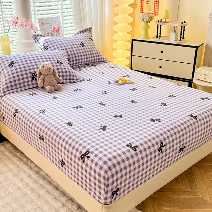 91家纺网 家纺一手货源 找家纺 妖妖家纺 2024新款200克牛奶绒单床笠 格子蝴蝶结-紫