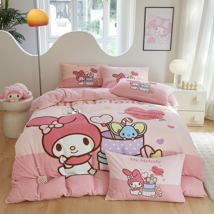 91家纺网 家纺一手货源 找家纺 蘭菲家纺 2024新款牛奶绒卡通三丽鸥四件套 收礼物