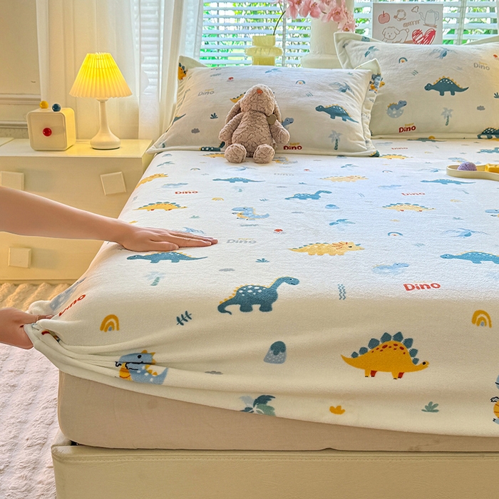 91家纺网 家纺一手货源 找家纺 妖妖家纺 2024新款200克牛奶绒单床笠 恐龙时代