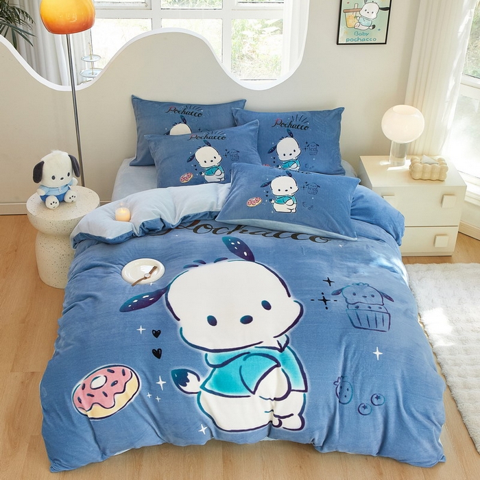 91家纺网 家纺一手货源 找家纺 蘭菲家纺 2024新款牛奶绒卡通三丽鸥四件套 恰恰.蓝