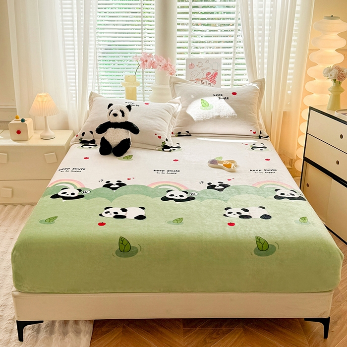 91家纺网 家纺一手货源 找家纺 妖妖家纺 2024新款200克牛奶绒单床笠 彩虹大熊猫